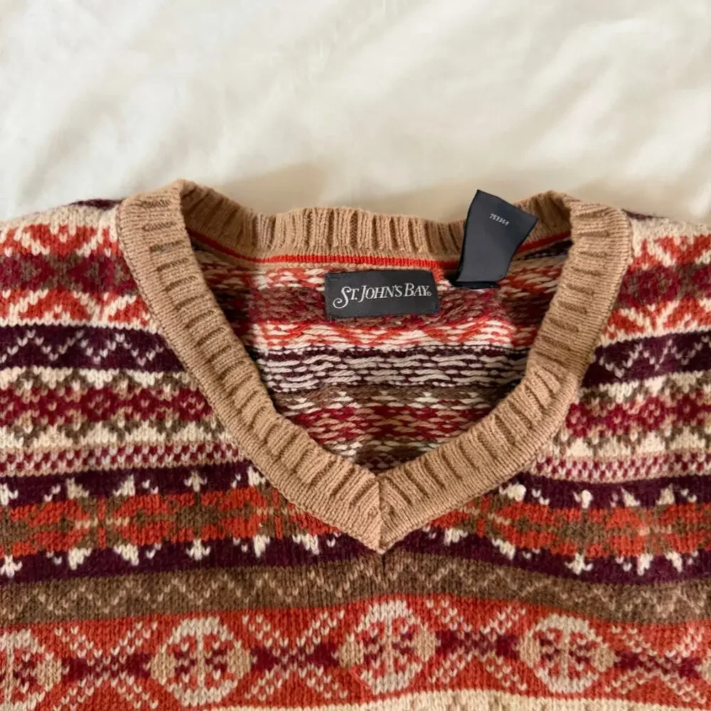 Vtg Y2K 2000s Orange Stipe Pullover Wool Sweater XL Nordic Fair Isle Knit
